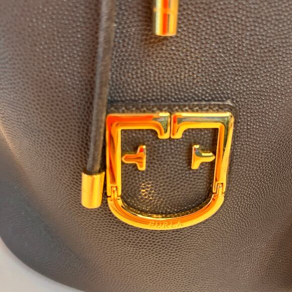Furla Corona Gray Leather Gold-tone Metal Drawstring Bucket Handbag - Picture 9 of 11